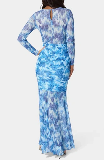 Bebe Ruched Longsleeve Printed Maxi Dress In Soft Tapestry