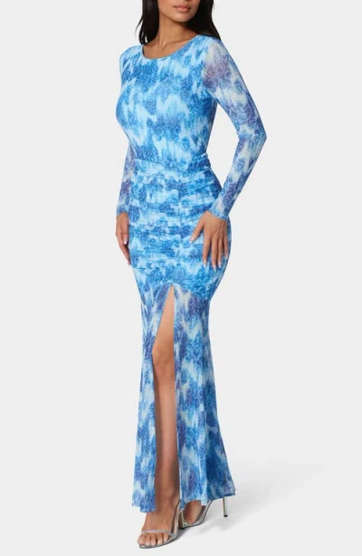 Bebe Ruched Longsleeve Printed Maxi Dress In Soft Tapestry