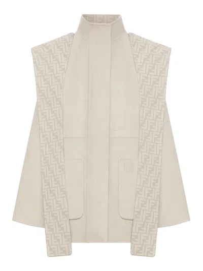 Fendi Beige Wool Parka With Removable Stole And Ff Monogram In Neutral