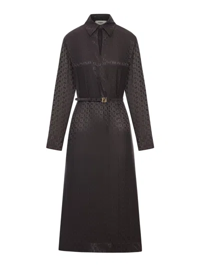 Fendi Ff Jacquard Silk Midi Shirt Dress In Brown