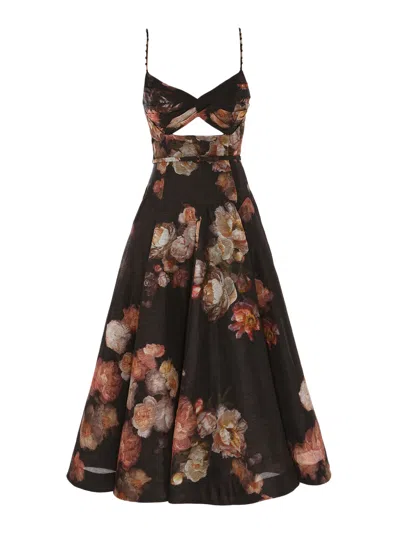 Zimmermann Hypnotic Embellished Belted Cutout Linen And Silk-blend Midi Dress In Multi