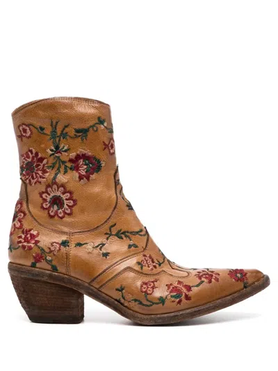Fauzian Jeunesse Floral-embroidered Ankle Boots In Brown