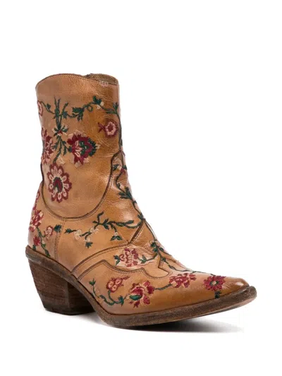 Fauzian Jeunesse Floral-embroidered Ankle Boots In Brown