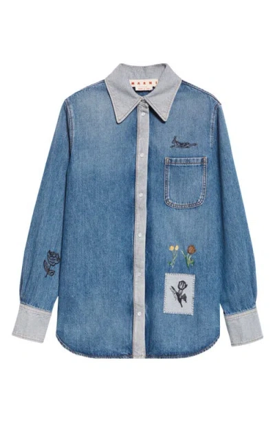 Marni Denim Shirt With Embroidered Floral Motifs In Blue