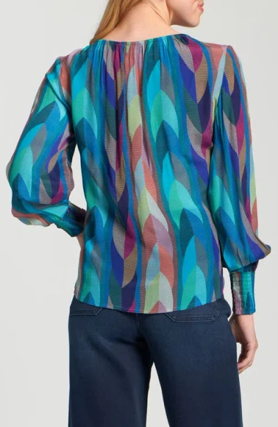 Apny Printed Smocked Cuff Top In Multi