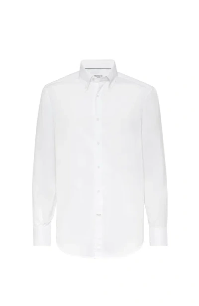Brunello Cucinelli Men Basic Fit Twill Shirt With Button-down Collar In White