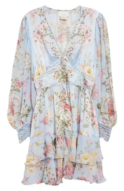 Camilla Tiled In Time Button Front Long Sleeve Silk Minidress In Blue