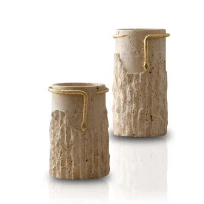 Marleth Neutrals / Gold Handmade Travertine Snake Vase Set For Interior Display, Set Of Two In Gold