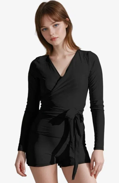 Calypsa Plus Size Avery 2-piece Long Sleeve Wrap Swim Set With Reversible Top And Tummy Control Shor In Black