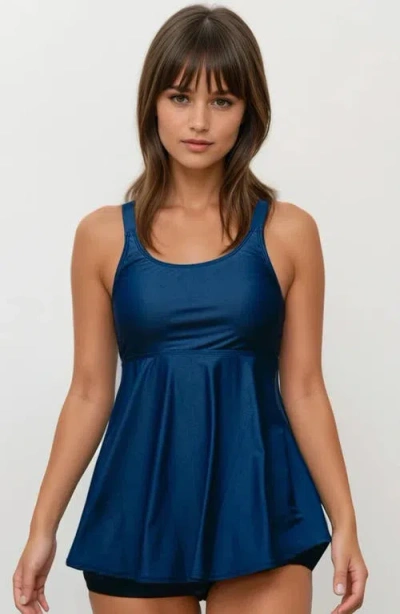 Calypsa Plus Size Amber Flared Tankini Swim Top With Adjustable Straps And Removable Cups In Blue