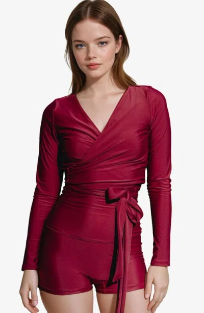 Calypsa Avery 2-piece Long Sleeve Wrap Swim Set With Reversible Top And Tummy Control Shorts In Burgundy