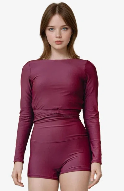 Calypsa Avery 2-piece Long Sleeve Wrap Swim Set With Reversible Top And Tummy Control Shorts In Burgundy
