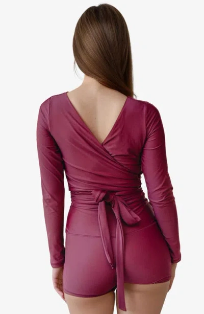 Calypsa Avery 2-piece Long Sleeve Wrap Swim Set With Reversible Top And Tummy Control Shorts In Burgundy