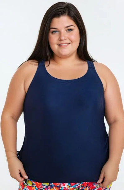 Calypsa Plus Size Maya Tankini Swim Top With Built-in Bra In Blue