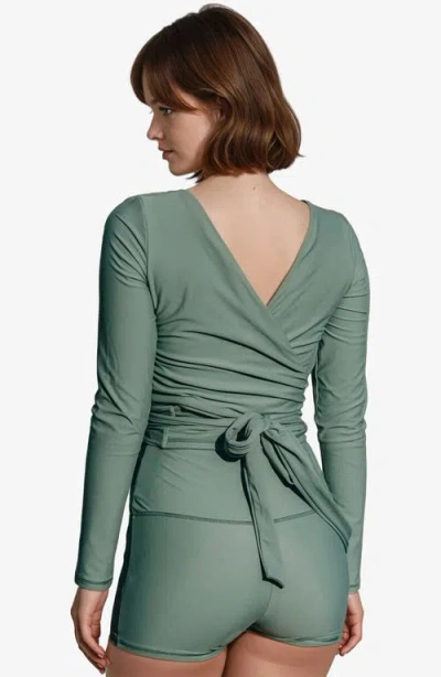 Calypsa Plus Size Avery 2-piece Long Sleeve Wrap Swim Set With Reversible Top And Tummy Control Shor In Green