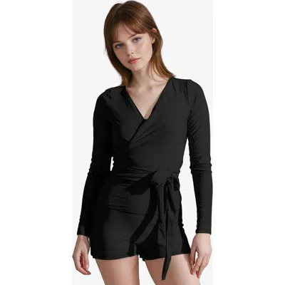 Calypsa Plus Size Avery 2-piece Long Sleeve Wrap Swim Set With Reversible Top And Tummy Control Shor In Black