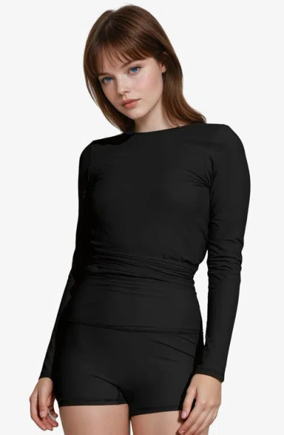 Calypsa Plus Size Avery 2-piece Long Sleeve Wrap Swim Set With Reversible Top And Tummy Control Shor In Black