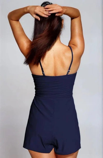 Calysa Plus Size Ivy Short Swim Romper With Built-in Bra And Hidden Shorts In Blue