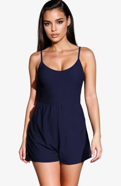 Calysa Plus Size Ivy Short Swim Romper With Built-in Bra And Hidden Shorts In Blue