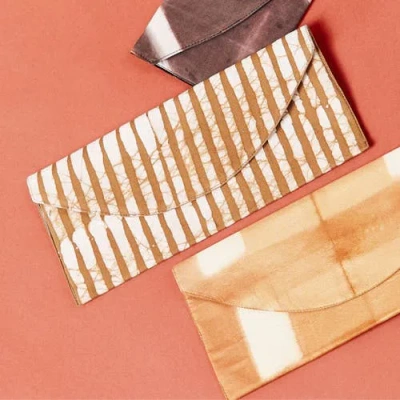 Studio Variously Oak Brown Stripes Cotton Wax Block Printed Zero Waste Envelope Pouch