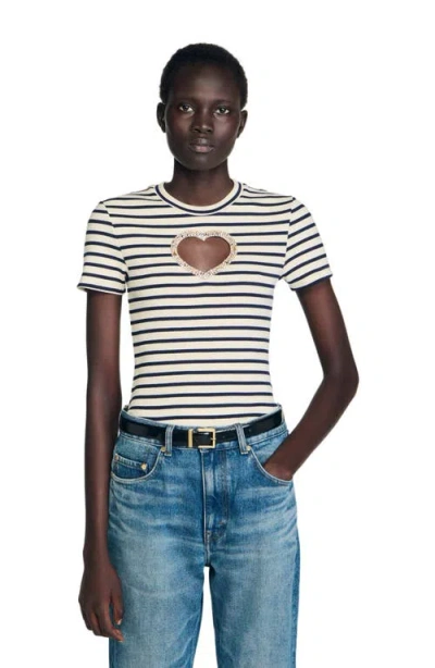 Sandro Womens Ecru Striped Embellished-heart Stretch-cotton T-shirt In Neutral