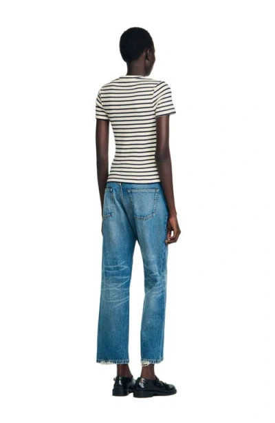 Sandro Womens Ecru Striped Embellished-heart Stretch-cotton T-shirt In Neutral