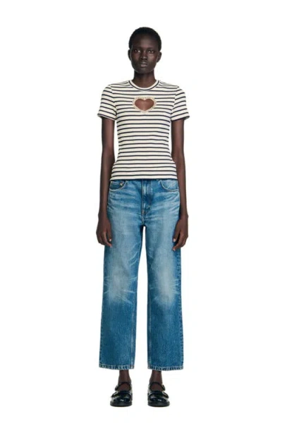 Sandro Womens Ecru Striped Embellished-heart Stretch-cotton T-shirt In Neutral