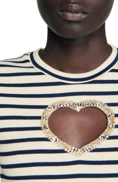 Sandro Womens Ecru Striped Embellished-heart Stretch-cotton T-shirt In Neutral
