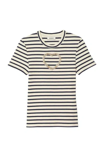 Sandro Womens Ecru Striped Embellished-heart Stretch-cotton T-shirt In Neutral