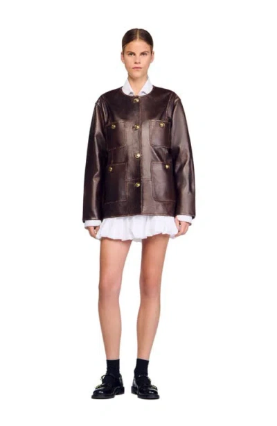 Sandro Womens Black Brown Distressed Button-embellished Leather Jacket In Multi