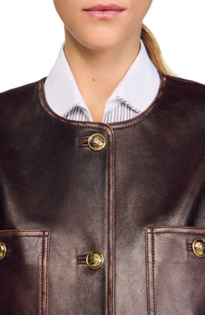 Sandro Womens Black Brown Distressed Button-embellished Leather Jacket In Multi