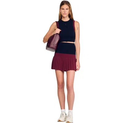 Sandro Womens Navy Blue Two-tone Pleated Knitted Mini Skirt