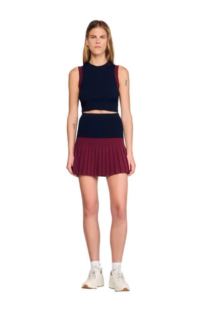 Sandro Womens Navy Blue Two-tone Pleated Knitted Mini Skirt