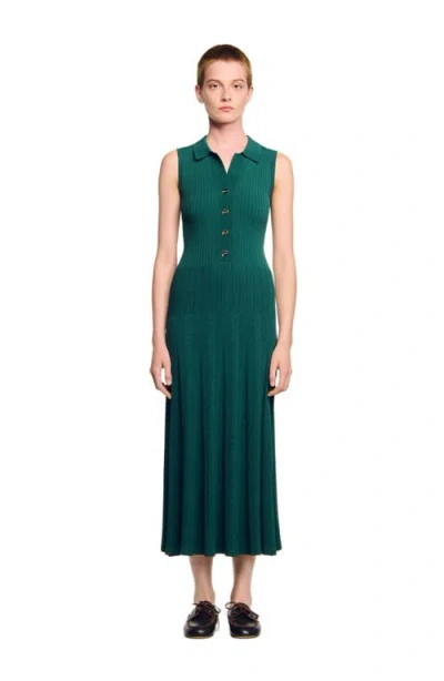 Sandro Womens Polo-collar Button-down Stretch-knit Midi Dress Dark Green