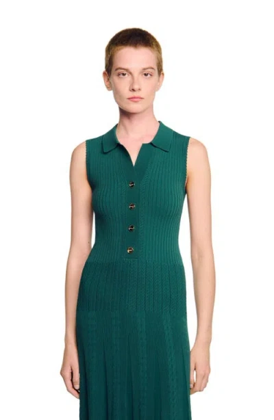 Sandro Womens Polo-collar Button-down Stretch-knit Midi Dress Dark Green