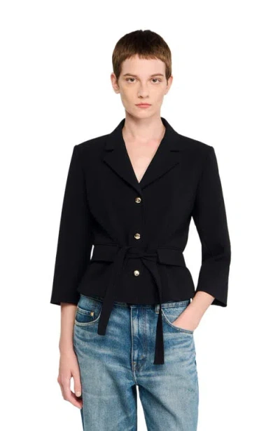 Sandro Cropped Tailored Belted Waist Jacket In Black