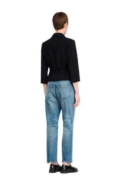 Sandro Cropped Tailored Belted Waist Jacket In Black