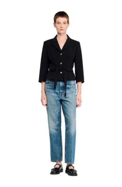 Sandro Cropped Tailored Belted Waist Jacket In Black