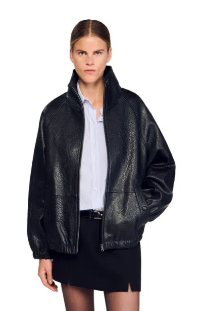 Sandro Oversized Leather Jacket In Blue