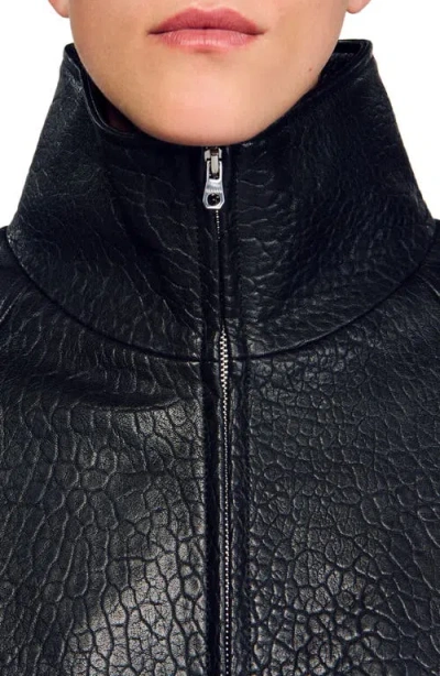 Sandro Oversized Leather Jacket In Blue