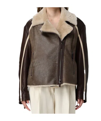Emporio Armani New York Capsule Collection Shearling Biker Jacket In Brown
