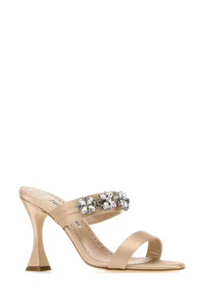 Manolo Blahnik Satin Pesan Mules Strap Embellished In Pink