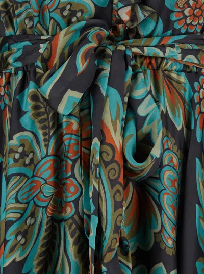 Etro Multicolor Long Dress With Self-tie Belt And All-over Floral Print In Silk Woman In Green