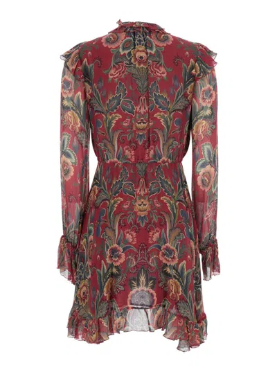 Etro Red Ruched Mini Dress With All-over Floral Print In Viscose Blend Woman In Pink