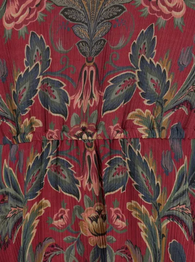 Etro Red Ruched Mini Dress With All-over Floral Print In Viscose Blend Woman In Pink