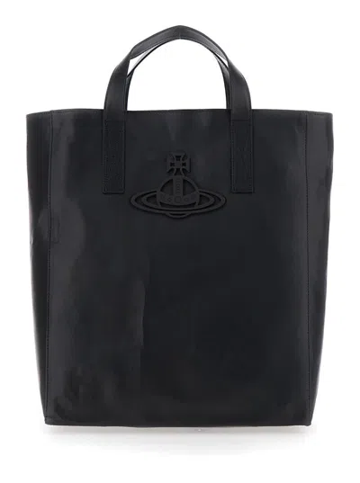 Vivienne Westwood 'sarah' Black Medium Tote Bag With Embossed Orb Logo On The Front In Leather Woman In Black