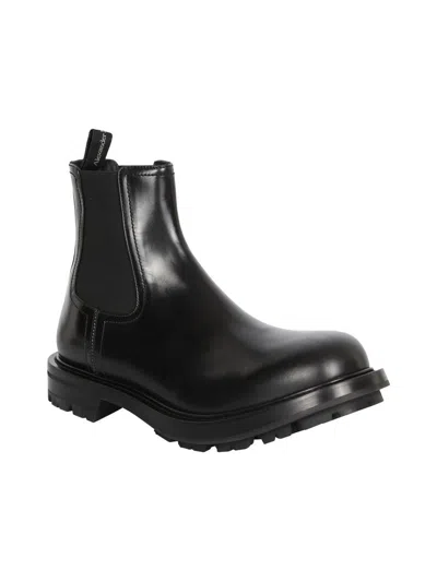 Alexander Mcqueen Ankle Leather Boots Lug Sole In Black