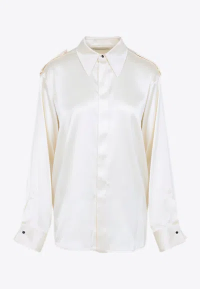 Phoebe Philo Liquid Utility White Silk Shirt With Pointed Collar And Button Tabs