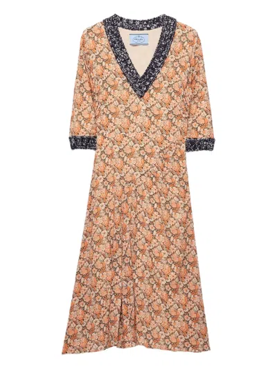 Prada Printed Georgette Dress In Gold