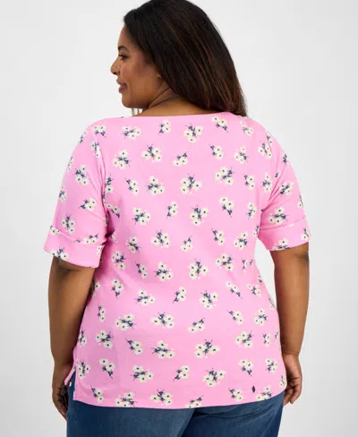 Style & Co Women's Printed Boat-neck Elbow-sleeve Knit Top, Macy's Exclusive In Pink